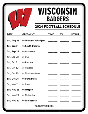 Wisconsin Badgers Football 2024
 Printable Schedule - Style 4