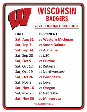 Wisconsin Badgers Football 2024
 Printable Schedule