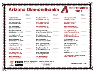 September 2017 Arizona Diamondbacks Printable Schedule