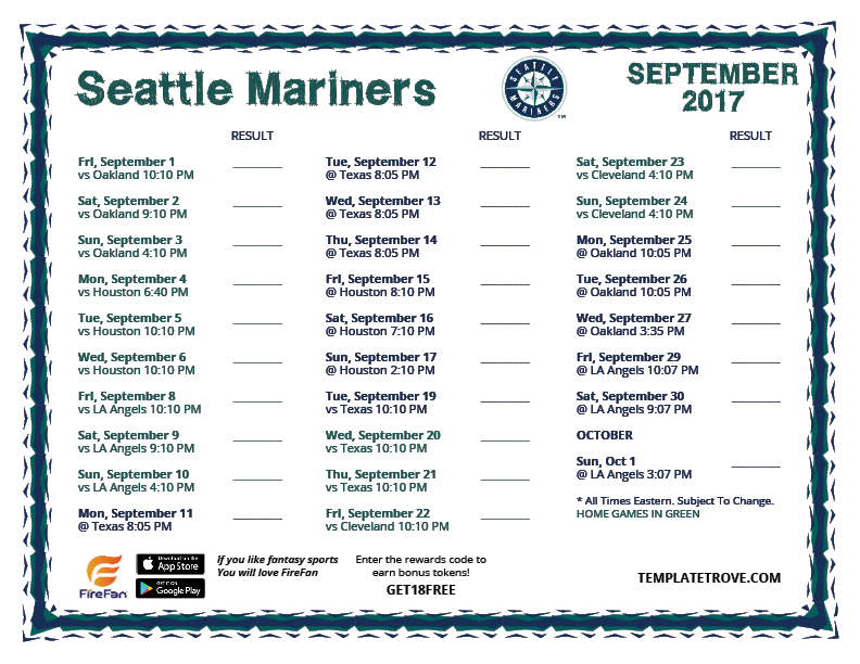 Printable 2017 Seattle Mariners Schedule