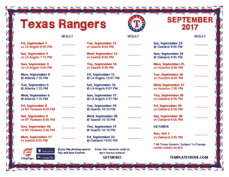 September 2017 Rangers Schedule