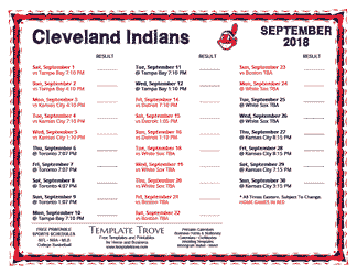September 2018 Cleveland Indians Printable Schedule