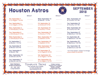 September 2018 Houston Astros Printable Schedule
