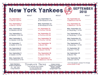 September 2018 New York Yankees Printable Schedule