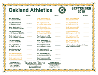 September 2018 Oakland Athletics Printable Schedule