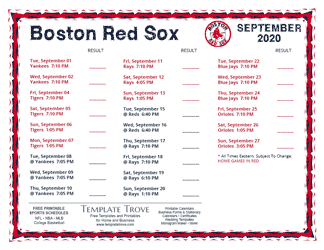 September 2020 Boston Red Sox Printable Schedule