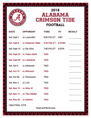 Alabama Crimson Tide Football 2018 Printable Schedule