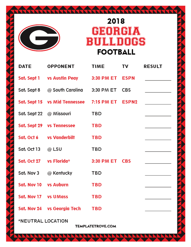 Printable 2018 Georgia Bulldogs Football Schedule