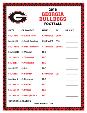 Georgia Bulldogs Football 2018 Printable Schedule