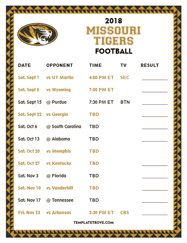 Mizzou Football Schedule Printable 