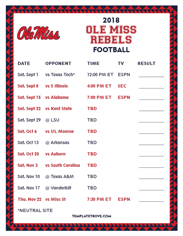 Printable 2018 Ole Miss Rebels Football Schedule Printable 2018 Ole Miss Rebels Football Schedule