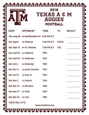 Printable 2018 Texas A &amp; M Aggies Football Schedule