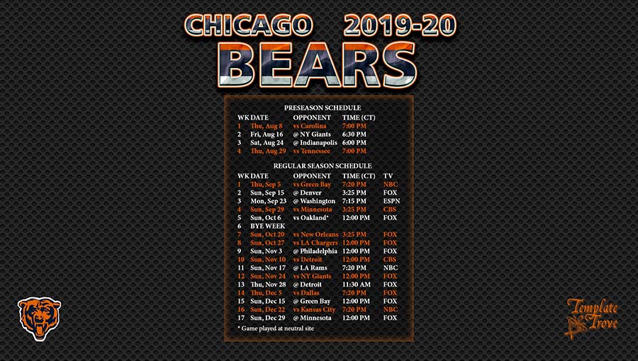 2019-2020 Chicago Bears Wallpaper Schedule