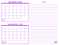 October and November 2030 2 Month Calendar
