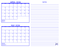 2036 2 Month Calendar - April and May