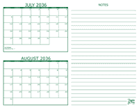 July and August 2036 2 Month Calendar