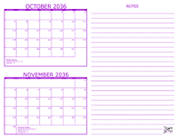 October and November 2036 2 Month Calendar