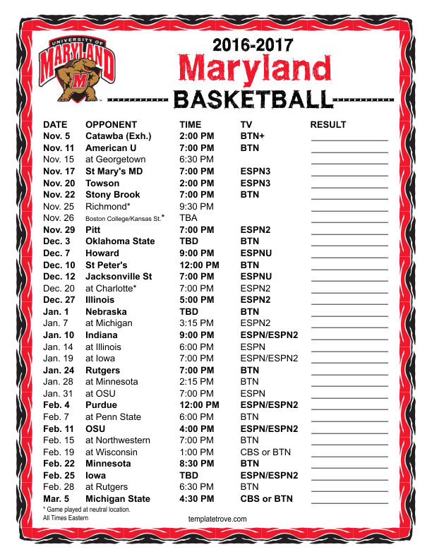 Printable 2016-2017 Maryland Terrapins Basketball Schedule