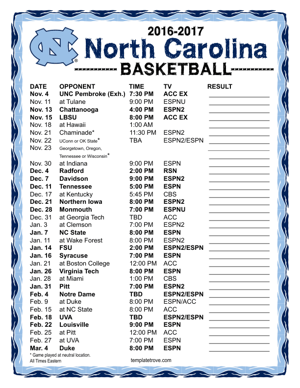 Printable 2016 2017 North Carolina Tar Heels Basketball Schedule