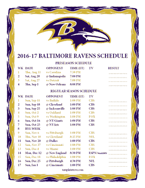 Baltimore Ravens 2016-17 Printable Schedule