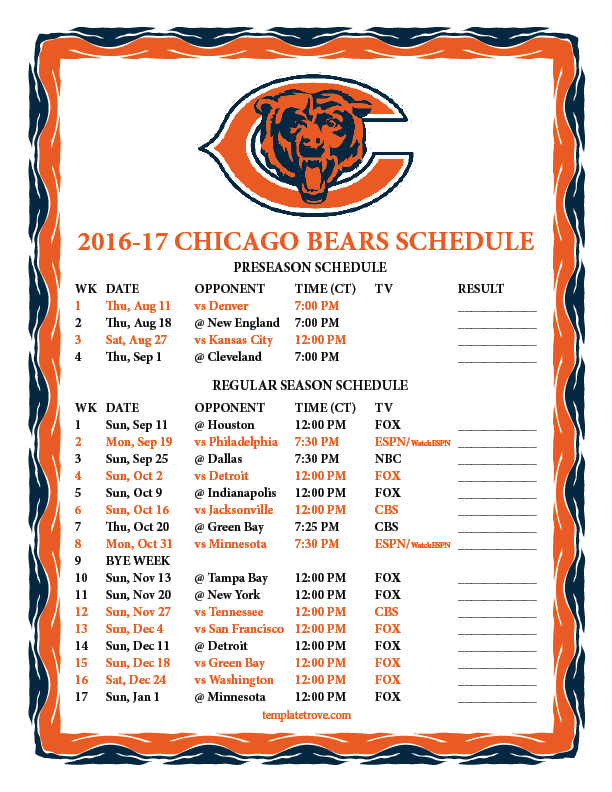 Printable 2016 2017 Chicago Bears Schedule Printable 2016 2017 Chicago Bears Schedule