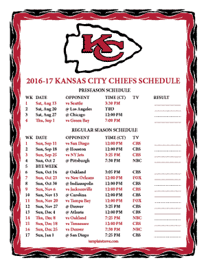 Kansas City Chiefs 2016-17 Printable Schedule