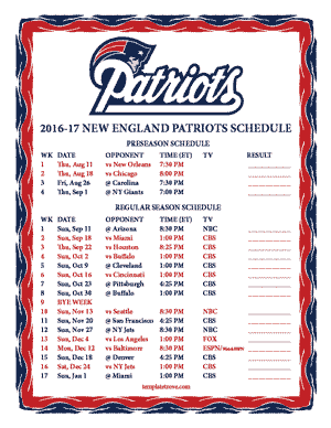 New England Patriots 2016-17 Printable Schedule