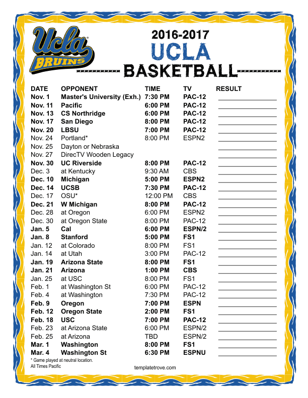 Printable 20162017 UCLA Bruins Basketball Schedule