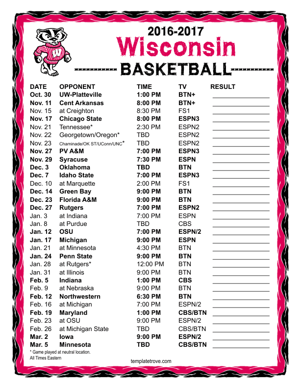 Printable 20162017 Wisconsin Badgers Basketball Schedule