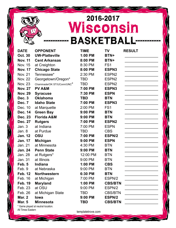 Printable 2016-2017 Wisconsin Badgers Basketball Schedule