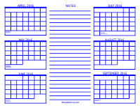 2016 6 Month Calendar