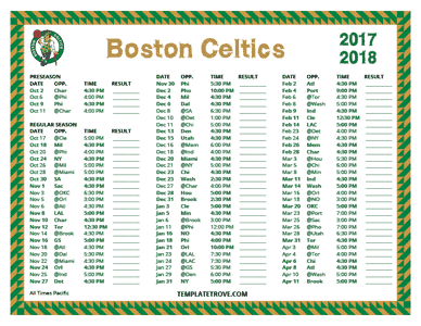 Boston Celtics 2017-18 Printable Schedule - Pacific Times