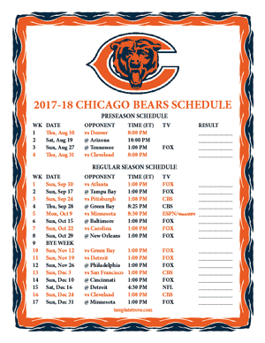 Chicago Bears 2017-18 Printable Schedule