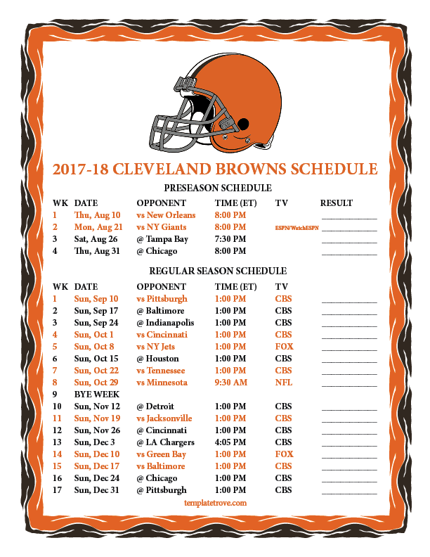 2017 2018 Printable Cleveland Browns Schedule PNG