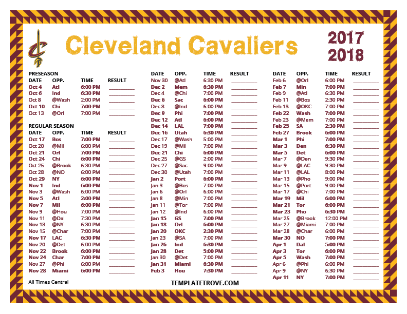 Printable 20172018 Cleveland Cavaliers Schedule