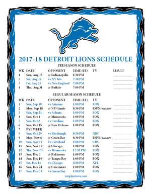Detroit Lions 2017-18 Printable Schedule