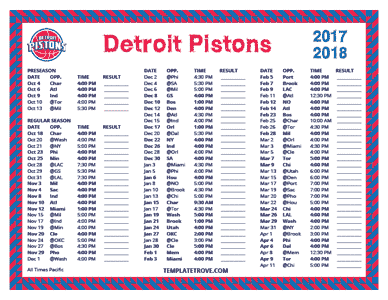 Detroit Pistons 2017-18 Printable Schedule - Pacific Times