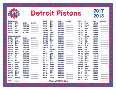 Detroit Pistons 2017-18 Printable Schedule
