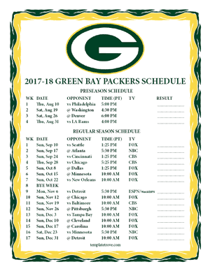 Green Bay Packers 2017-18 Printable Schedule - Pacific Times