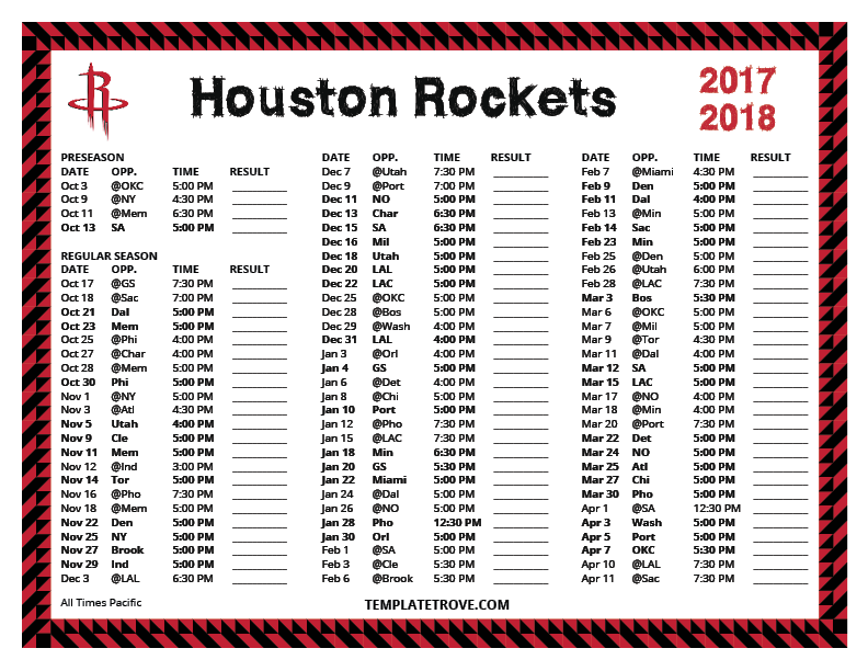 Printable 2017-2018 Houston Rockets Schedule