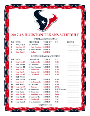 Houston Texans 2017-18 Printable Schedule