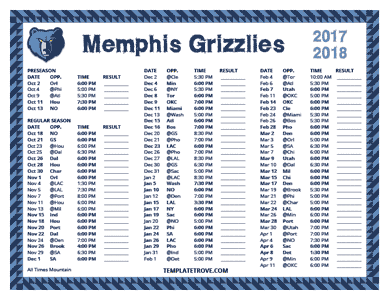 Memphis Grizzlies 2017-18 Printable Schedule - Mountain Times