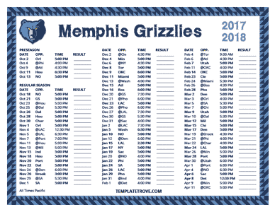 Memphis Grizzlies 2017-18 Printable Schedule - Pacific Times