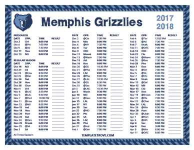 Memphis Grizzlies 2017-18 Printable Schedule