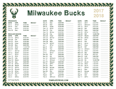 Milwaukee Bucks 2017-18 Printable Schedule - Pacific Times