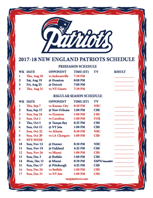 New England Patriots 2017-18 Printable Schedule