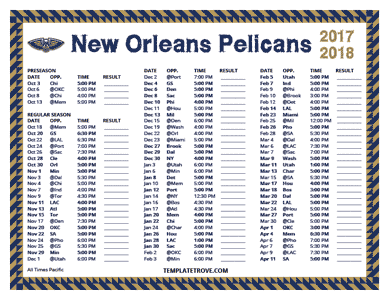 New Orleans Pelicans 2017-18 Printable Schedule - Pacific Times