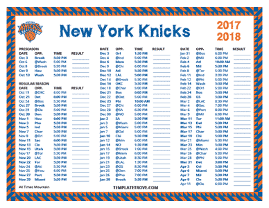 New York Knicks 2017-18 Printable Schedule - Mountain Times