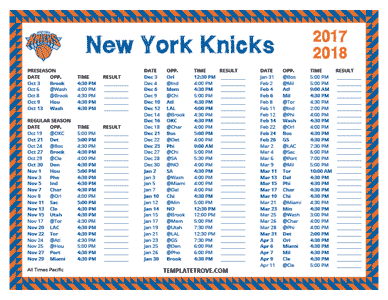New York Knicks 2017-18 Printable Schedule - Pacific Times