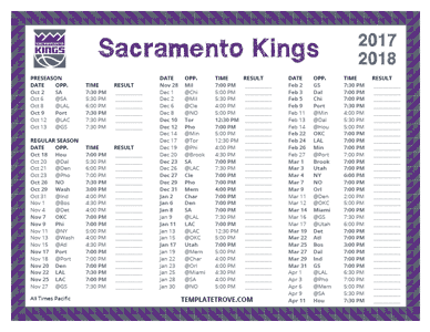 Sacramento Kings 2017-18 Printable Schedule - Pacific Times